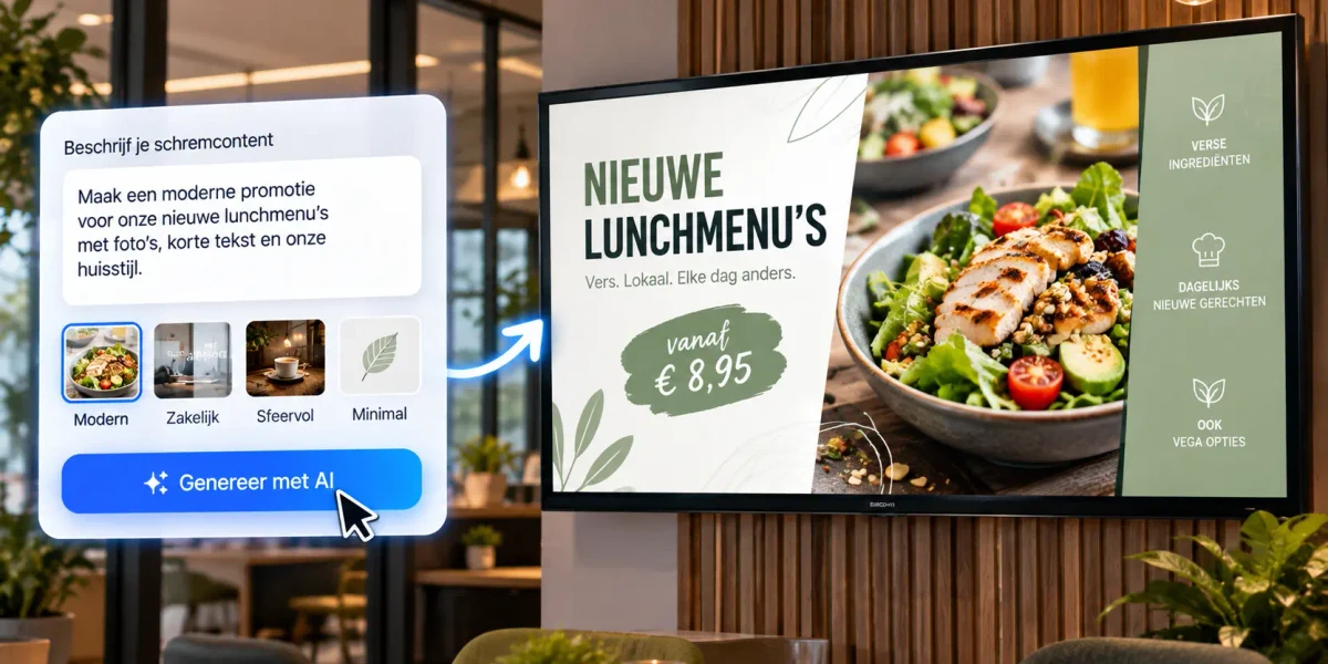 Een korte prompt die met AI wordt omgezet in een afgewerkt, professioneel schermontwerp voor narrowcasting
