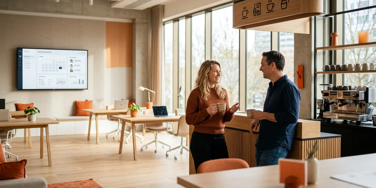 Collega's praten bij in een licht kantoor met een narrowcasting-scherm dat de agenda en het nieuws van de dag toont